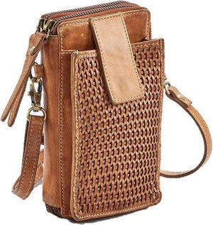 Tan leather vertical crossbody bag with woven pocket detail and top zipper.