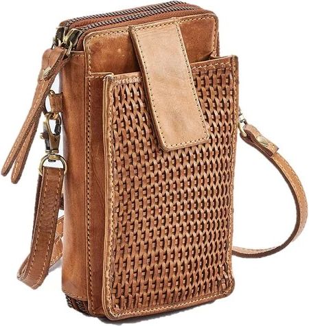 Tan leather vertical crossbody bag with woven pocket detail and top zipper.