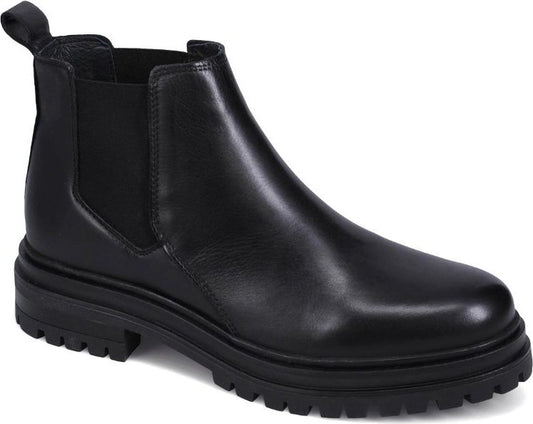 Black leather Chelsea boot with elastic side panels and a thick lug sole.