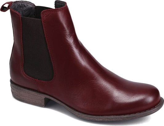 A burgundy leather ankle boot with elastic side panels and a low stacked heel.