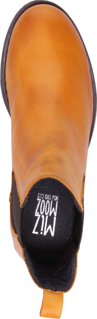 A tan, ankle-high boot with a black lining, seen from above.