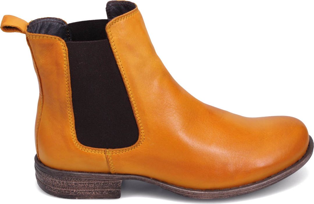 Mustard yellow leather Chelsea boot with brown elastic side panels and heel pull tab.