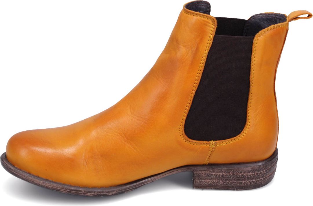Side view of a yellow leather ankle boot with elastic side panels and a low heel.