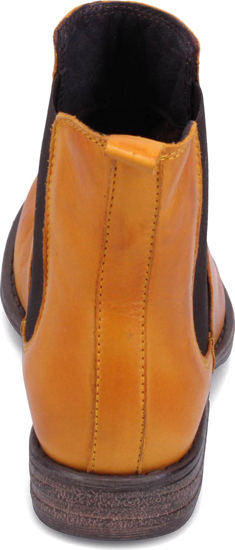 Back view of a light brown ankle boot with dark brown elastic side panels and sole.