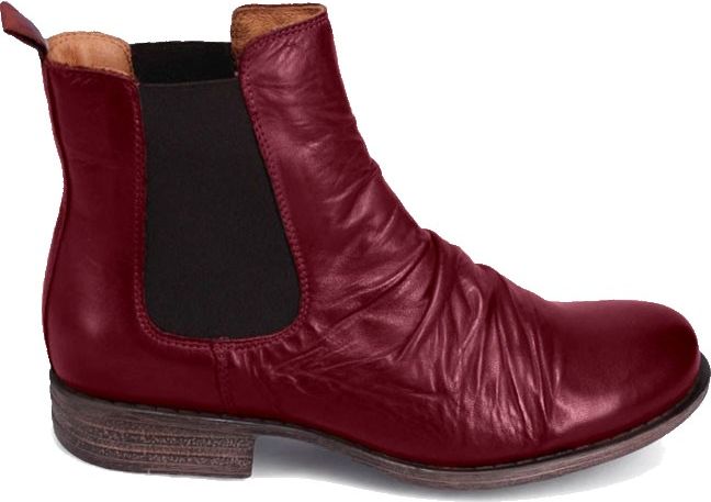 Burgundy ankle boot with elastic side panels and a low stacked heel.
