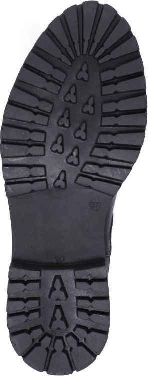 A black boot sole with a deep tread pattern.