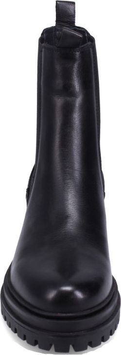 Black ankle boot with elastic side panels and thick sole.