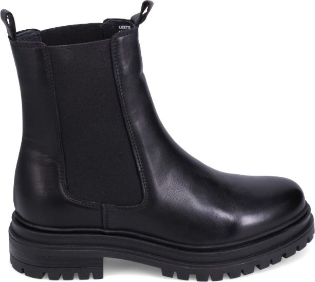 Black leather Chelsea boot with elastic side panels and a lug sole.