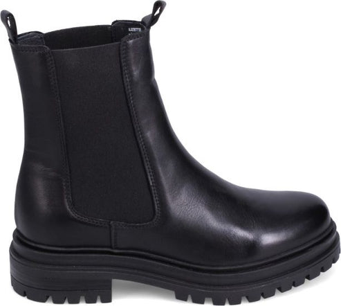 Black leather Chelsea boot with elastic side panels and a lug sole.