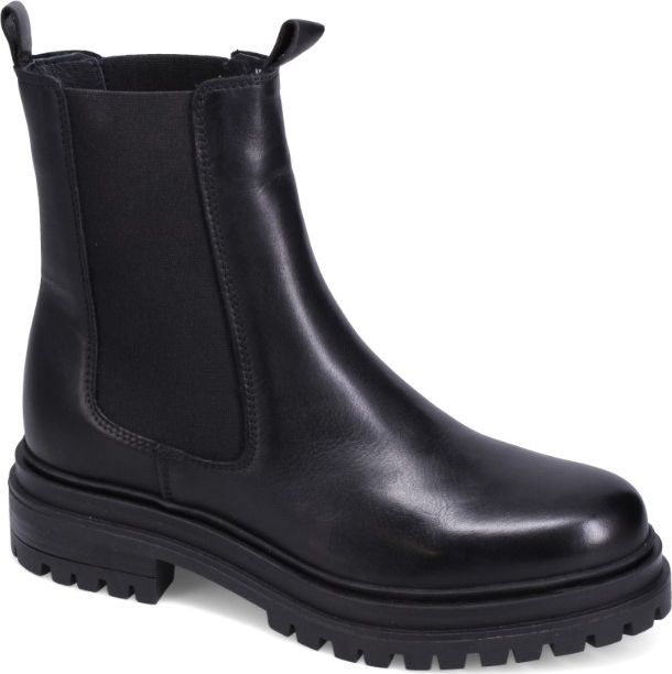 Black lug sole Chelsea boot with elastic side panels.