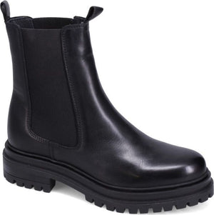 Black lug sole Chelsea boot with elastic side panels.
