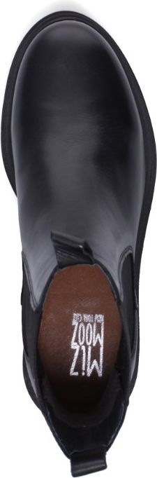 a black boot with the words "MIZ MOOZ New York City" visible on the brown insole