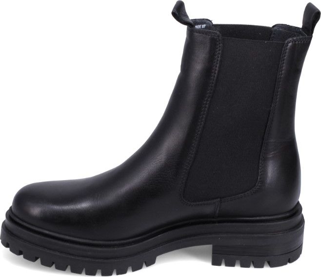 Black leather Chelsea boot with a thick lug sole and elastic side panels.