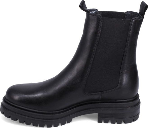 Black leather Chelsea boot with a thick lug sole and elastic side panels.