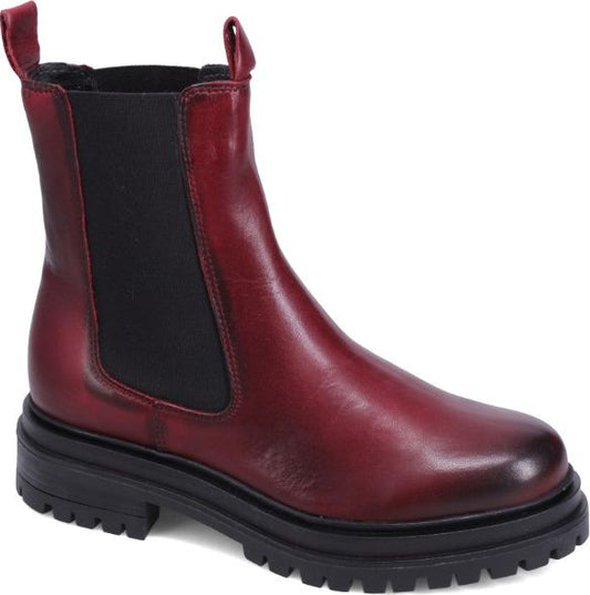 Red leather Chelsea boot with a black lug sole and black elastic side panels.