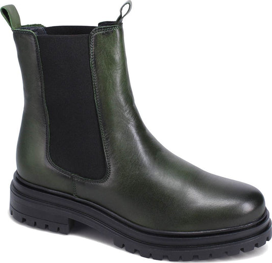Ankle-high, green leather Chelsea boot with black elastic side panels and a thick black lug sole.