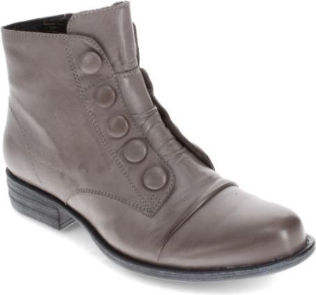 Gray leather ankle boot with round decorative buttons.