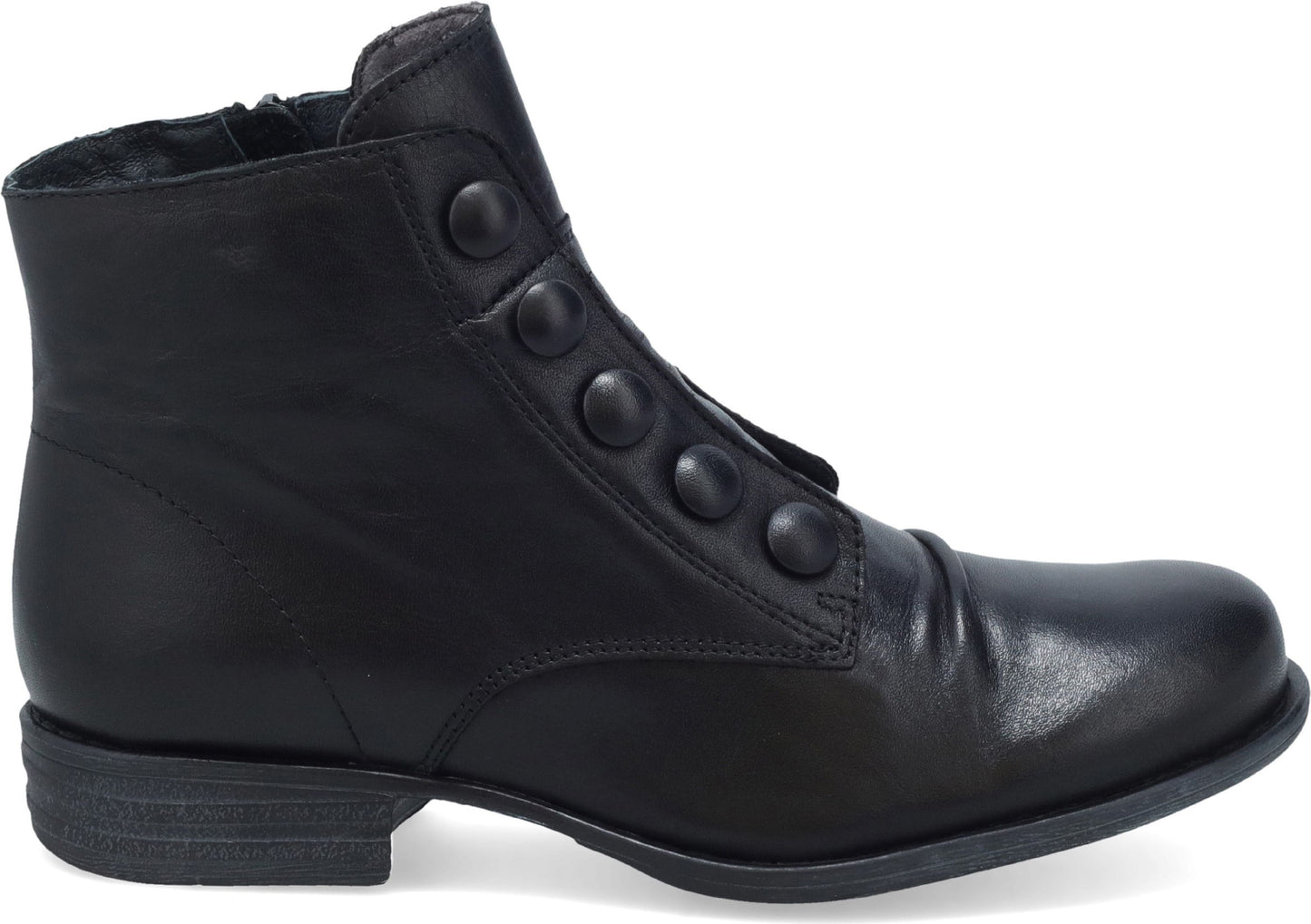 A black leather ankle boot with four decorative buttons.