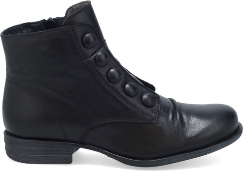 A black leather ankle boot with four decorative buttons.