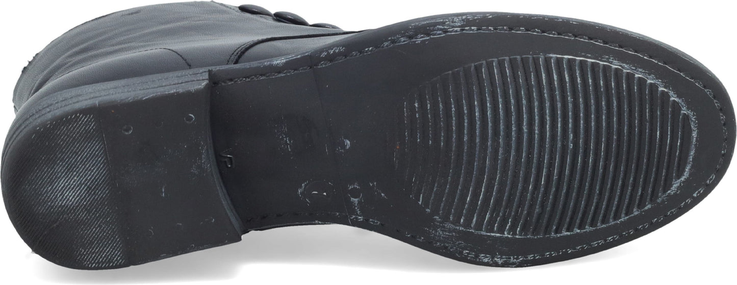 Bottom of a black leather boot with a stacked heel and ribbed sole.