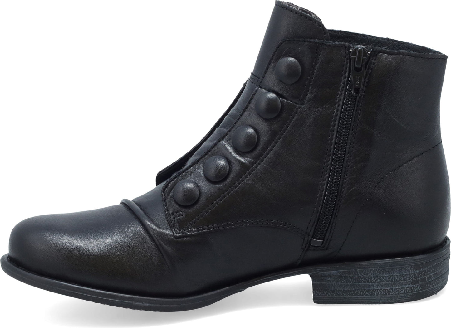 Black ankle boot with decorative buttons and side zipper.