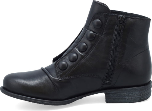 Black ankle boot with decorative buttons and side zipper.