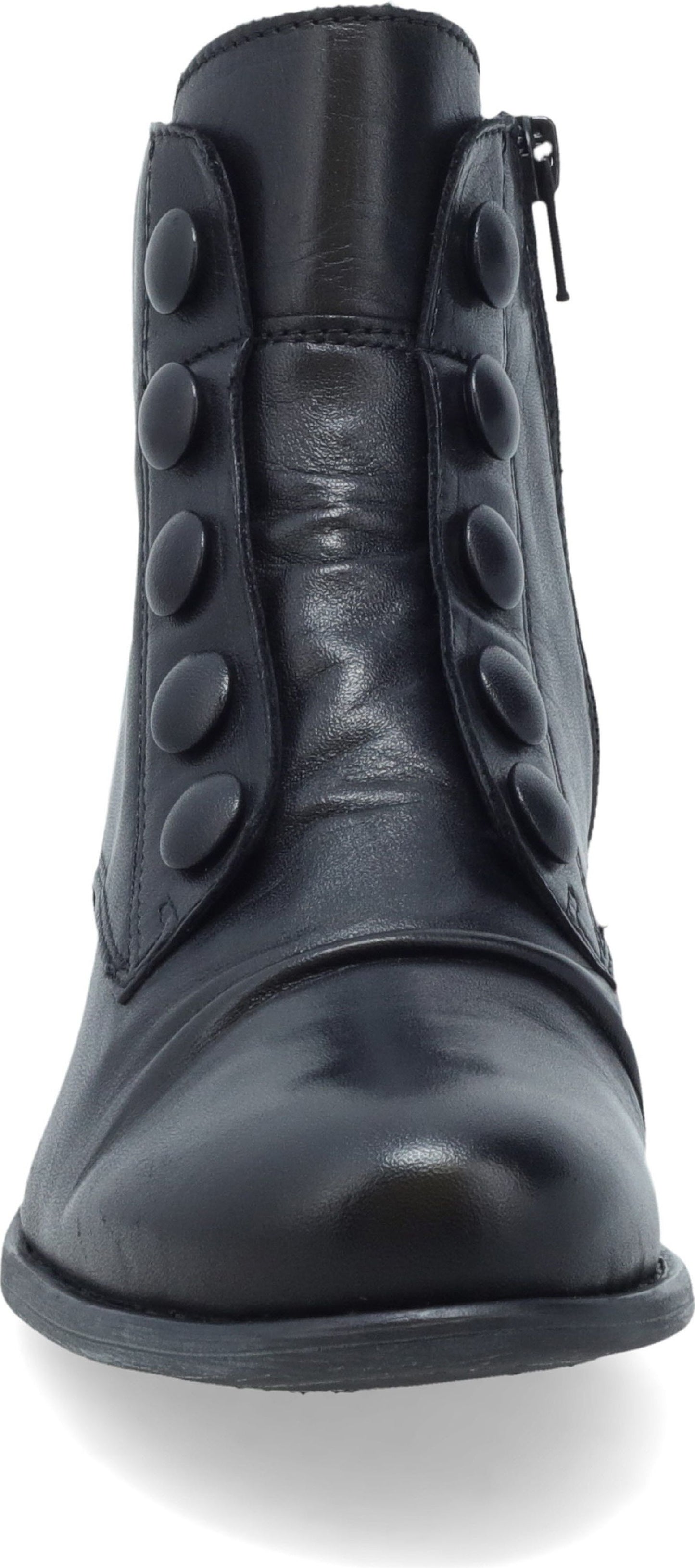 A black leather boot featuring a rounded toe and button details along the side.