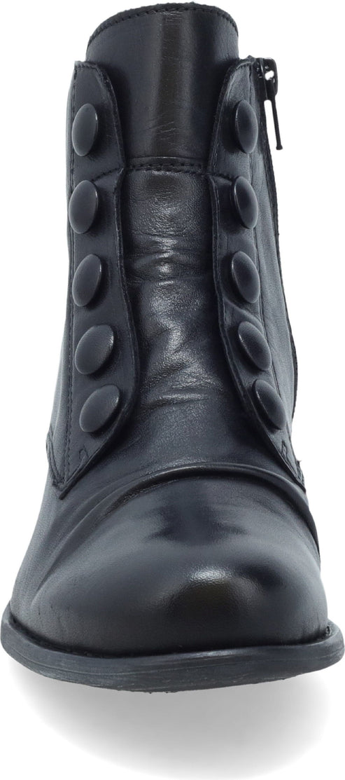 A black leather boot featuring a rounded toe and button details along the side.
