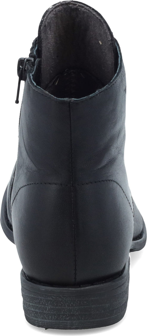 A black ankle boot with a side zipper.