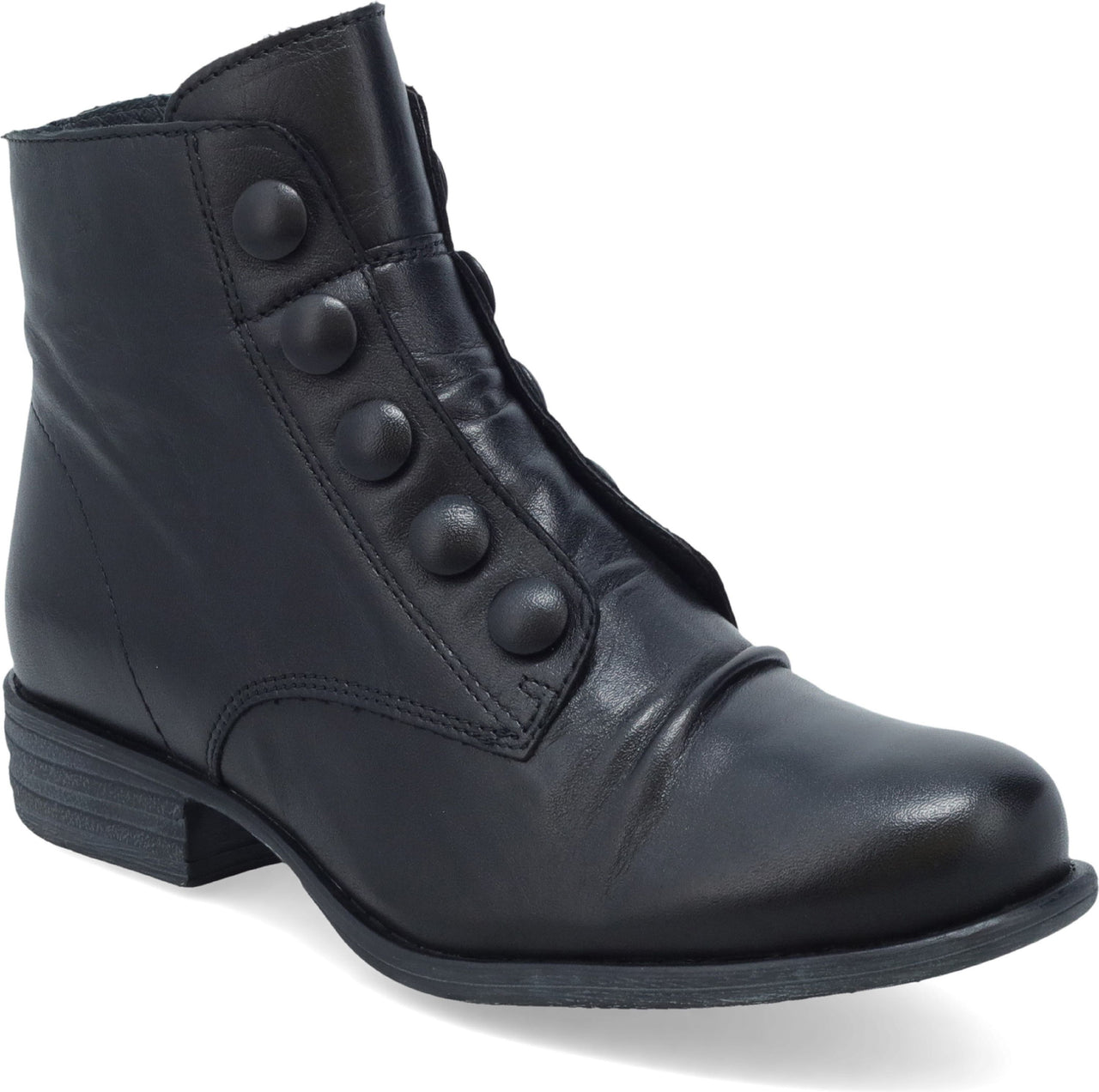 Black leather ankle boot with button detail.