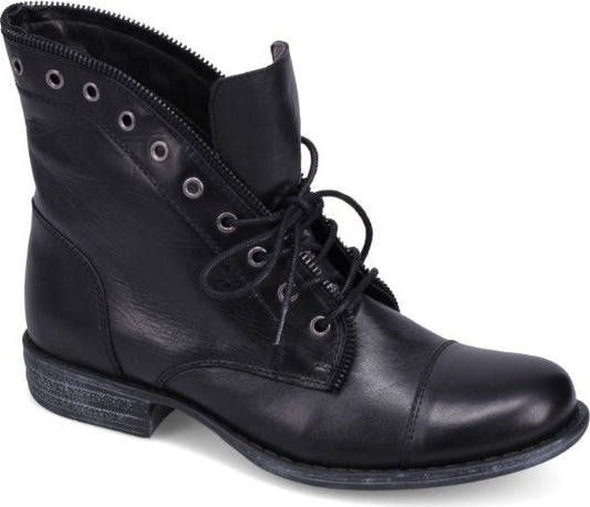 Black ankle boot with eyelets and laces.