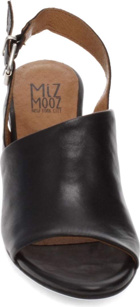Black open-toe heel with ankle strap and visible MIZ MOOZ label.