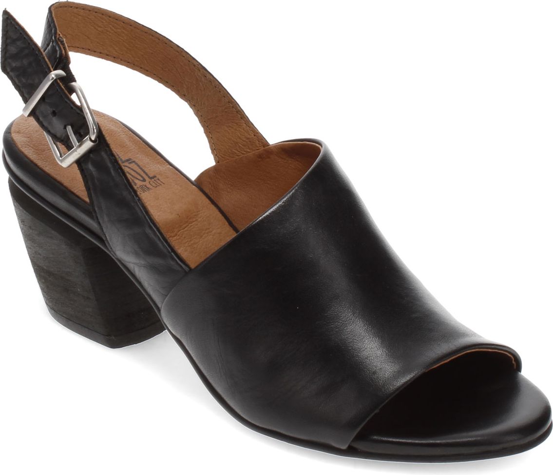 Black block heel sandal with slingback strap and metal buckle.