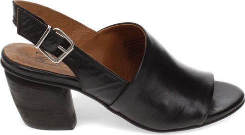 Black leather open toe heeled sandal with adjustable buckled ankle strap.