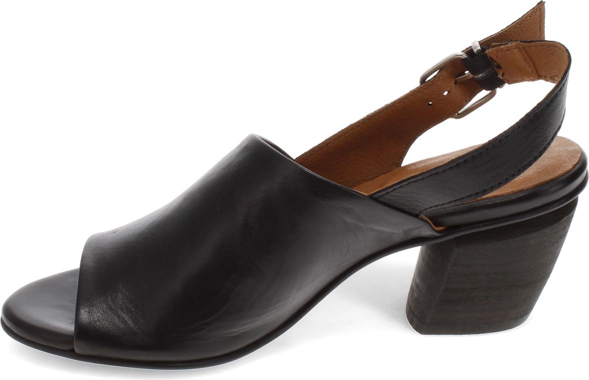 Black leather open-toe heeled sandal with slingback.