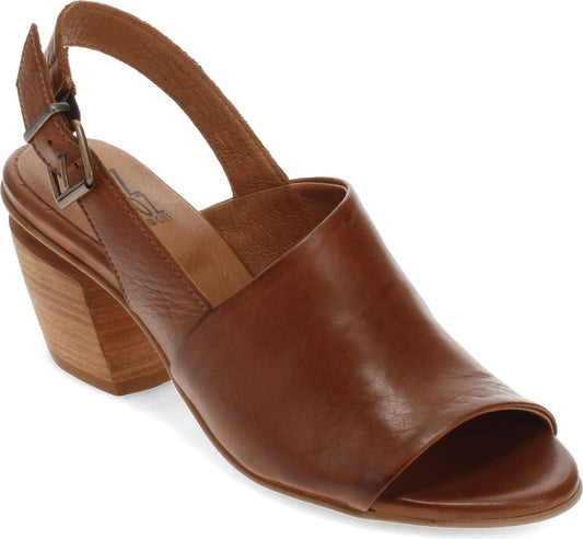 Brown leather sandal with a block heel and slingback strap.