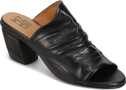 Black leather heeled mule with a stacked wooden heel.
