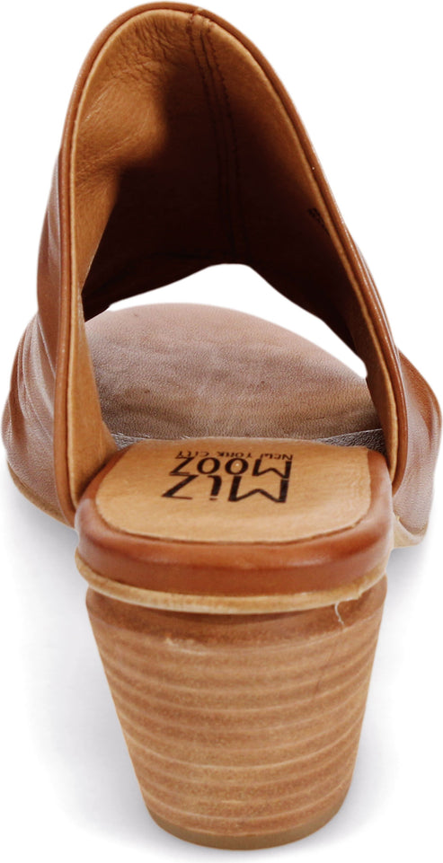 Close-up of a tan leather heeled sandal with open back and a label that reads "MLZ MOOZ".