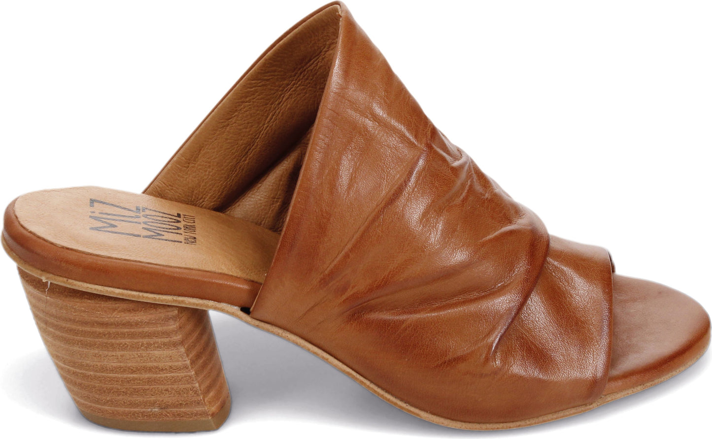 Brown leather open-toed mule with stacked block heel.