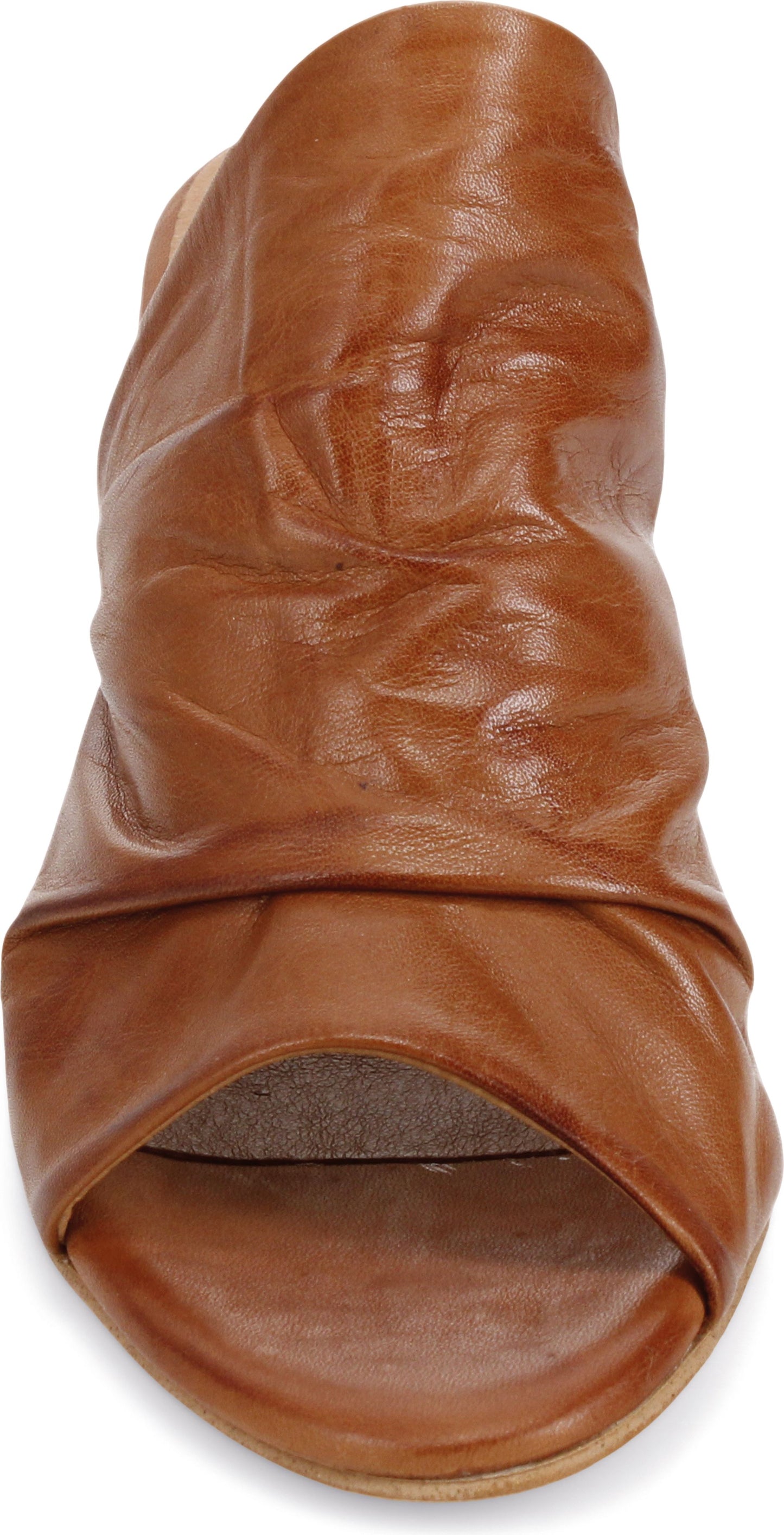 Close-up of brown leather high heel mule sandal with draped detailing.