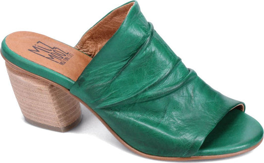 Green leather heeled sandal with a wood look block heel.