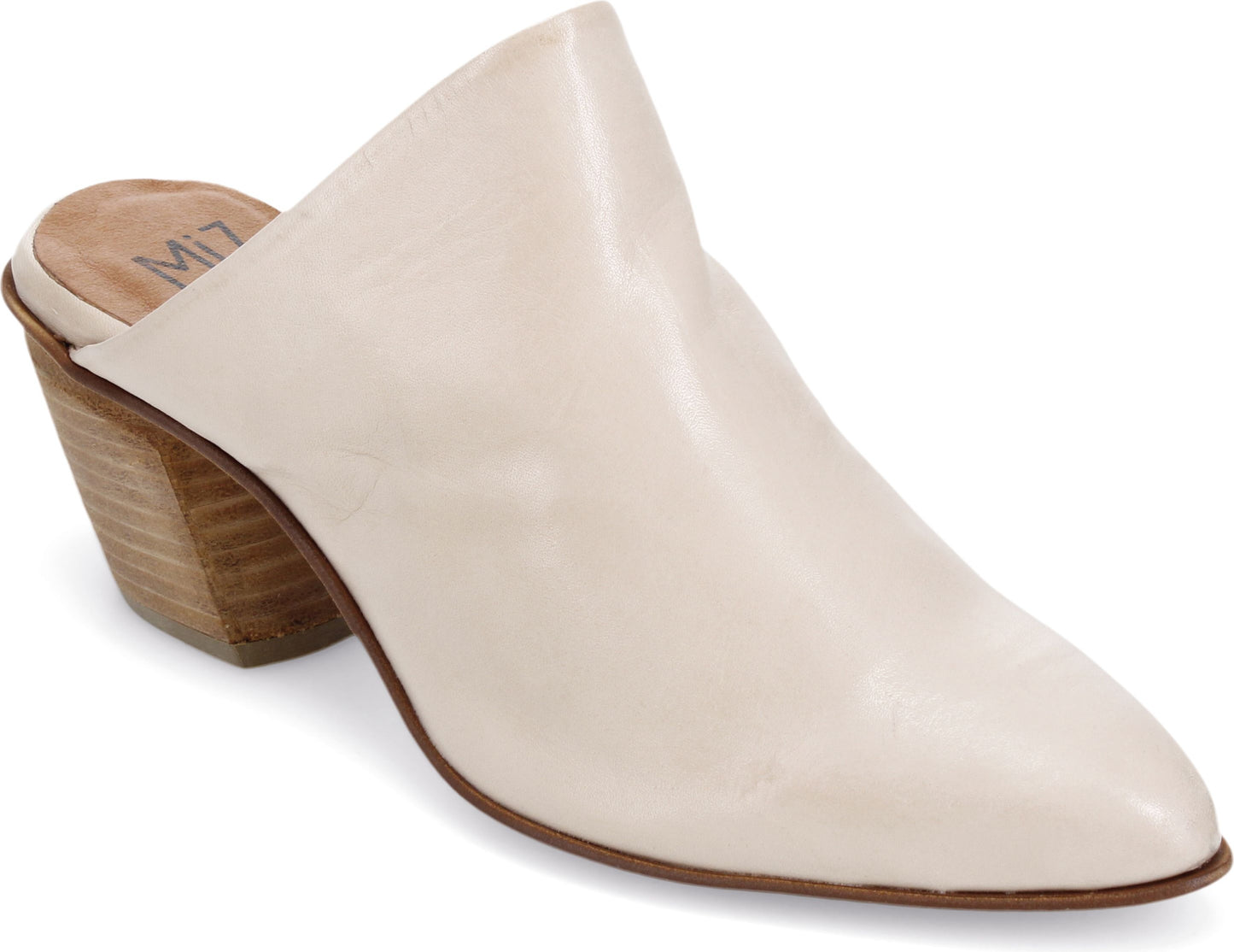 Light beige mule shoe with a pointed toe and a wooden block heel.