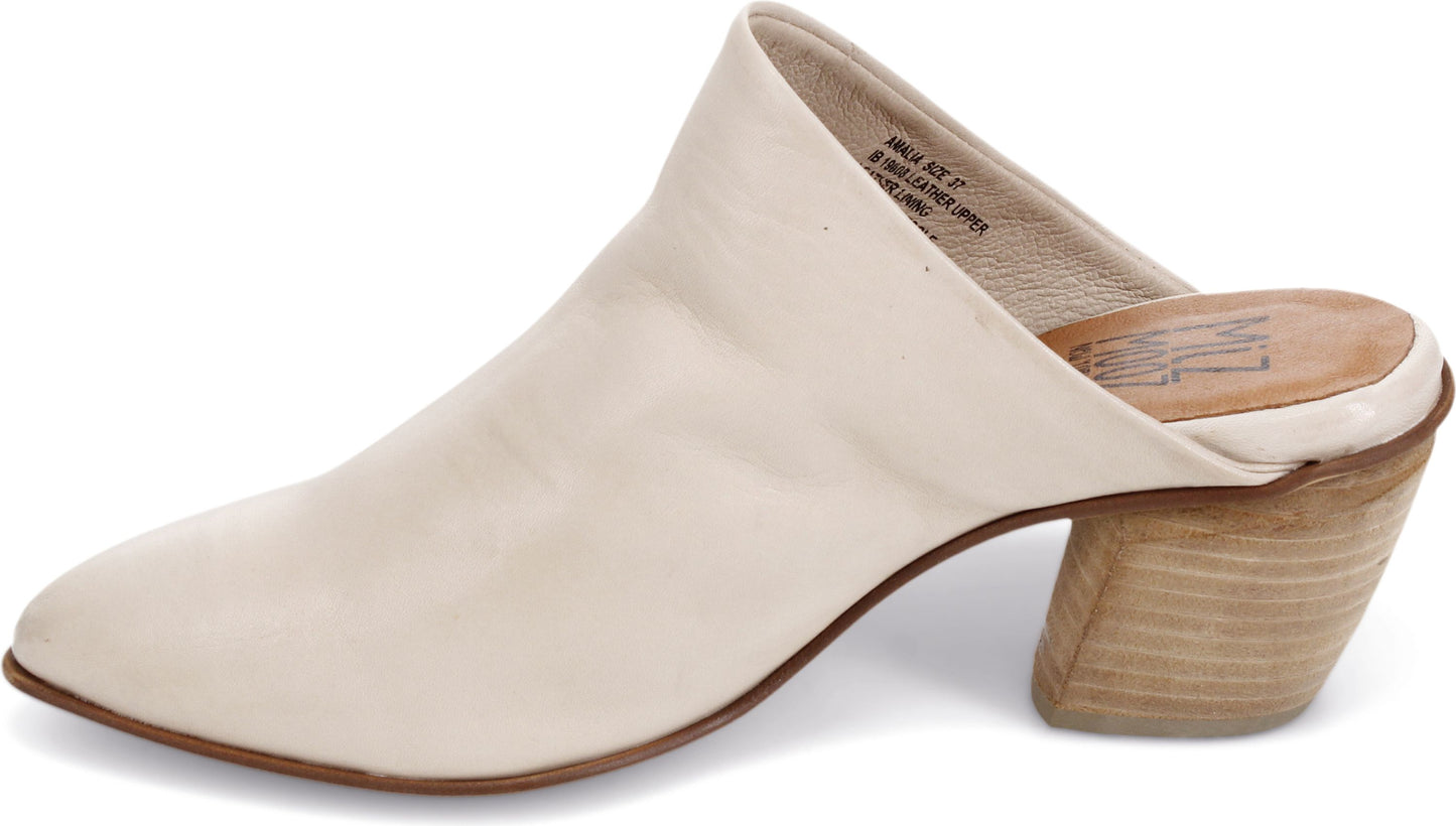 Off-white pointed mule with chunky block heel.