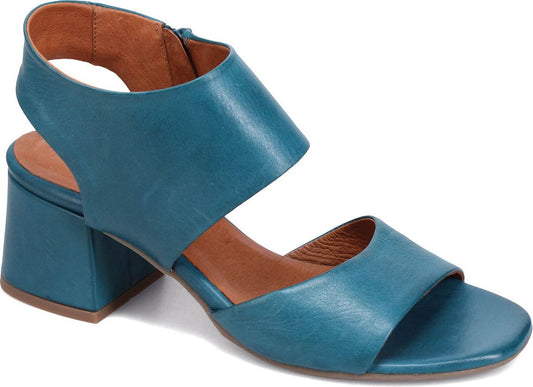Teal heeled sandal with an open toe.