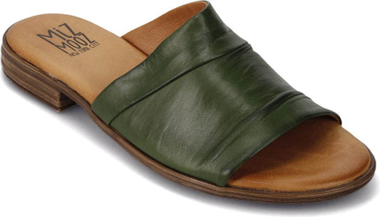 Green leather slide sandal with ruched upper and low heel.