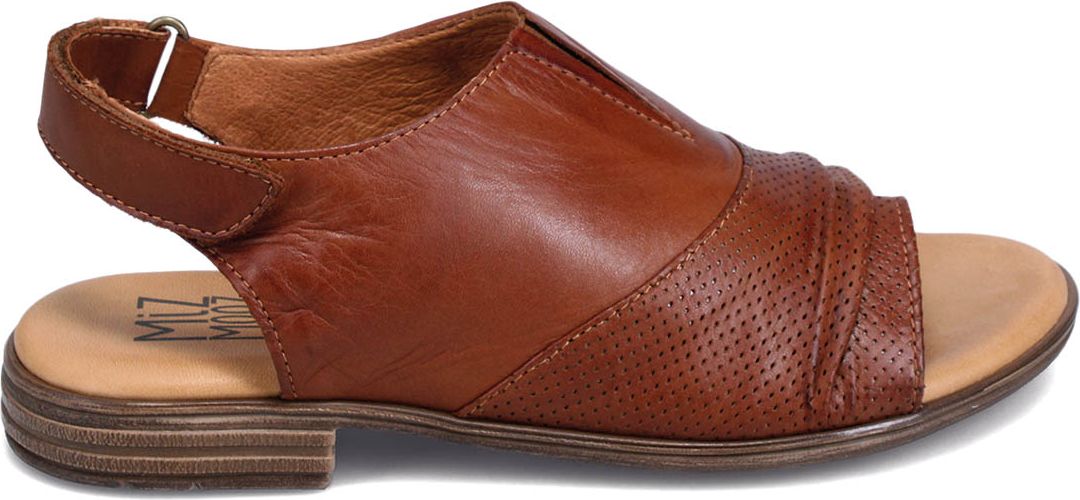 A brown leather sandal with a slingback and perforated detailing on the toe.