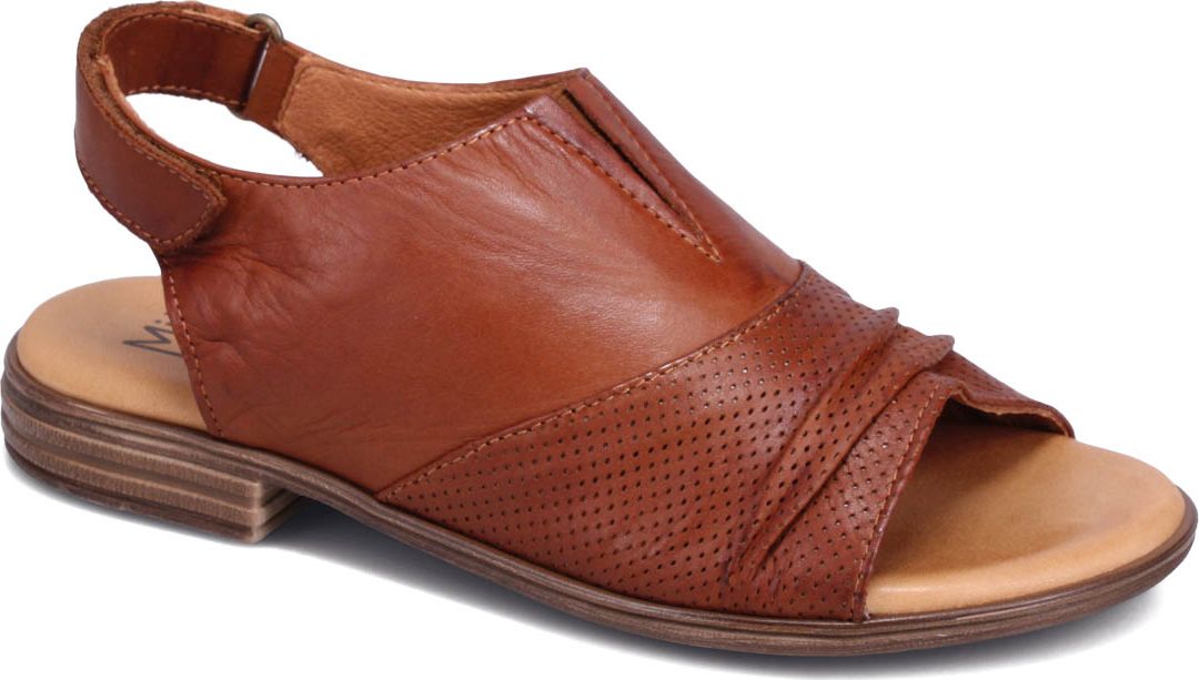 Brown leather sandal with ankle strap and perforated detailing.