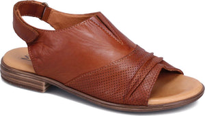 Brown leather sandal with ankle strap and perforated detailing.