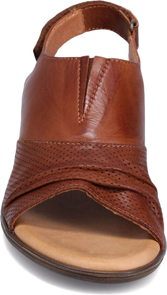 Close-up of a brown leather sandal with an open toe and a slingback strap with velcro closure.