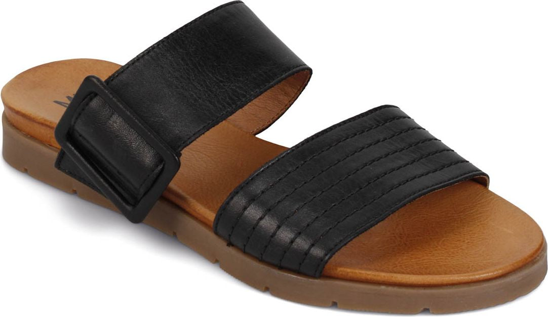 Black leather slide sandal with two straps, one with a decorative buckle.